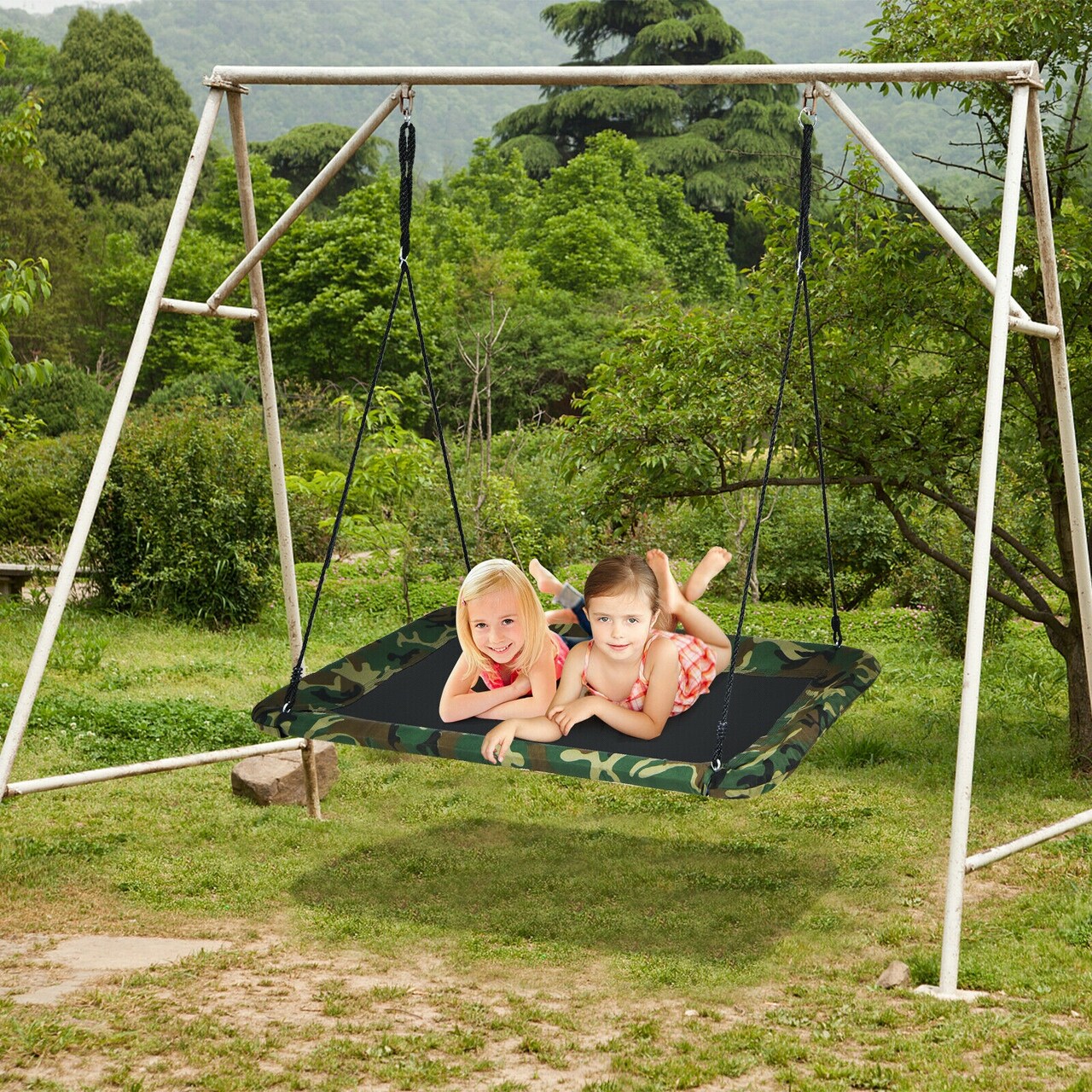 60 Inch Tree Swing with Strong Steel Frame and Oxford Cloth Seat for Garden Yard and Family Fun